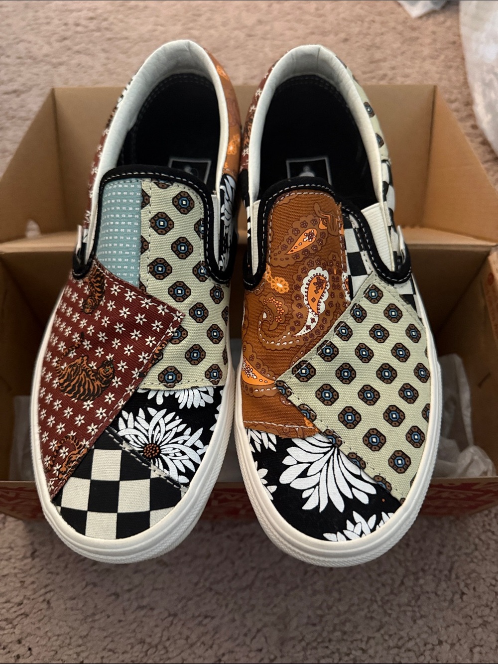 Vans Multicolor Patchwork Slip-On Sneakers — Brown, Black, White, Tan, Blue